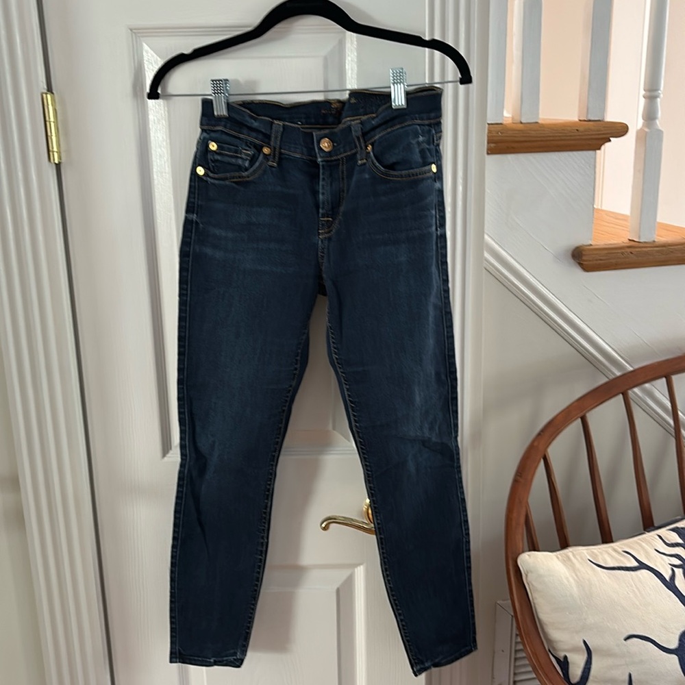 7 for all mankind jean.  The style is cropped skinny. Dark wash